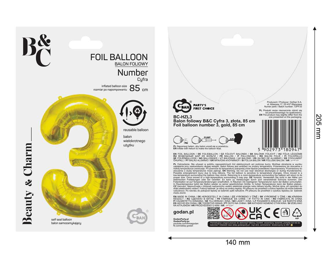 Foil Balloon B&C Number 3, Gold, 85 cm